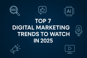 Digital marketing trends 2025 concept with icons and devices